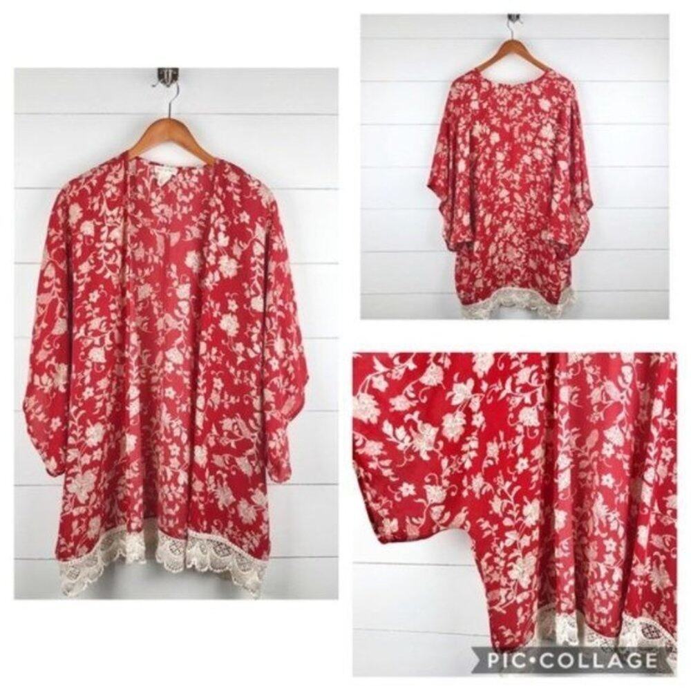 Miley + Molly Women's‎ Red Floral Lace Trim Dolman Sleeve Kimono Cover-up Size S